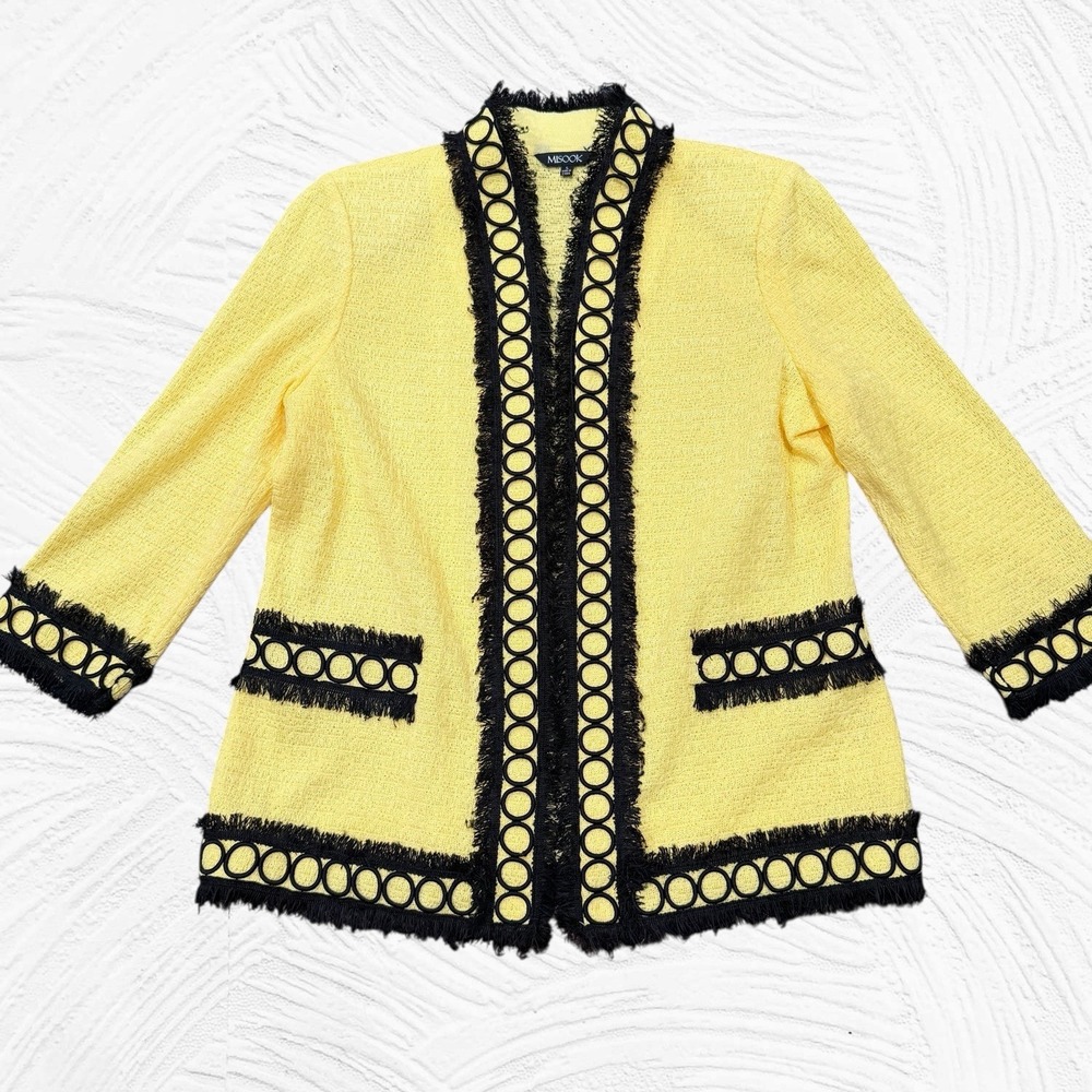 MISOOK Yellow Black Fringe Circle Knit Jacket‎ Size Small Retro Designer